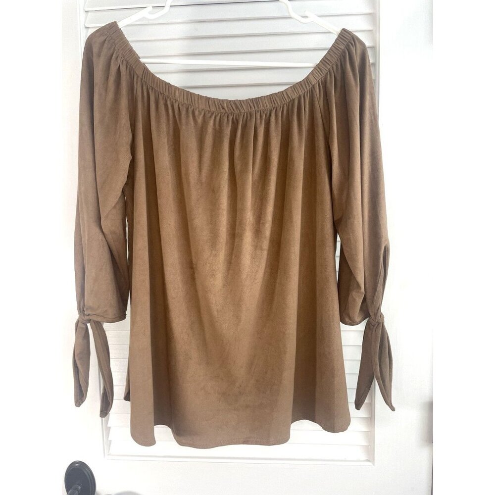 Peppermint Brown Off Shoulder Tie Sleeve Boho Blouse Made in USA S